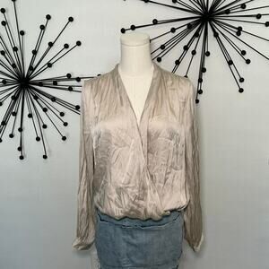 Old Navy satin wrap blouse champagne beige long sleeve minimalist
